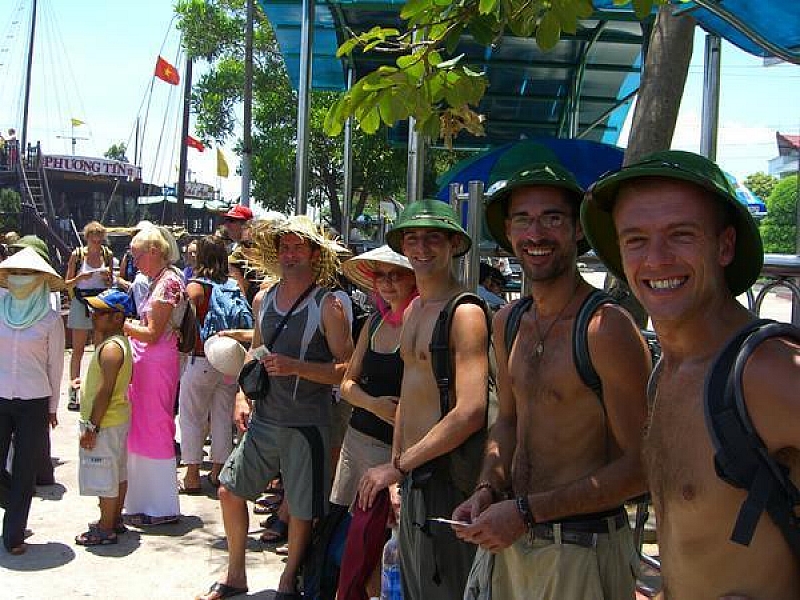 Getting on boat in Halong bay